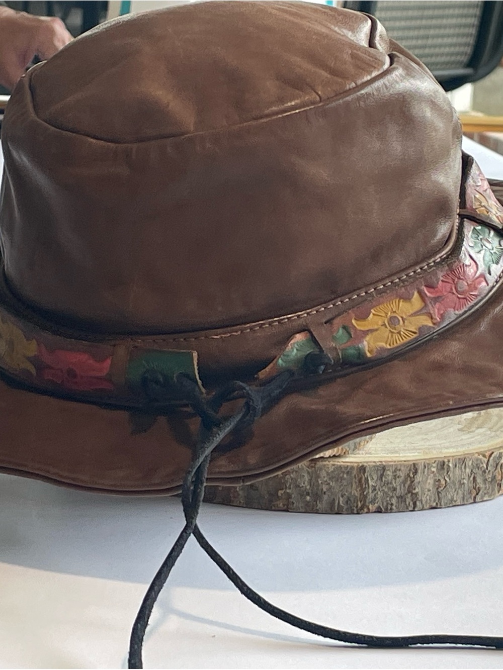 Vintage 70’s Brown Leather Hat with Multicolor Floral Trim - Picture 3 of 13